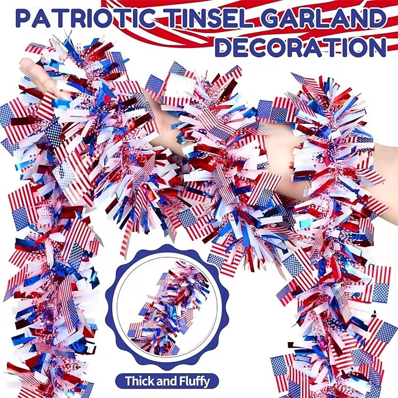 66 Ft Patriotic Tinsel Garland with American Flags, Thick & Fluffy Red White Blue Metallic Garland for 4th of July Independence Day, Memorial Day Decorations, USA Home Party Supplies Decoration 2026 - $26.99 –P1