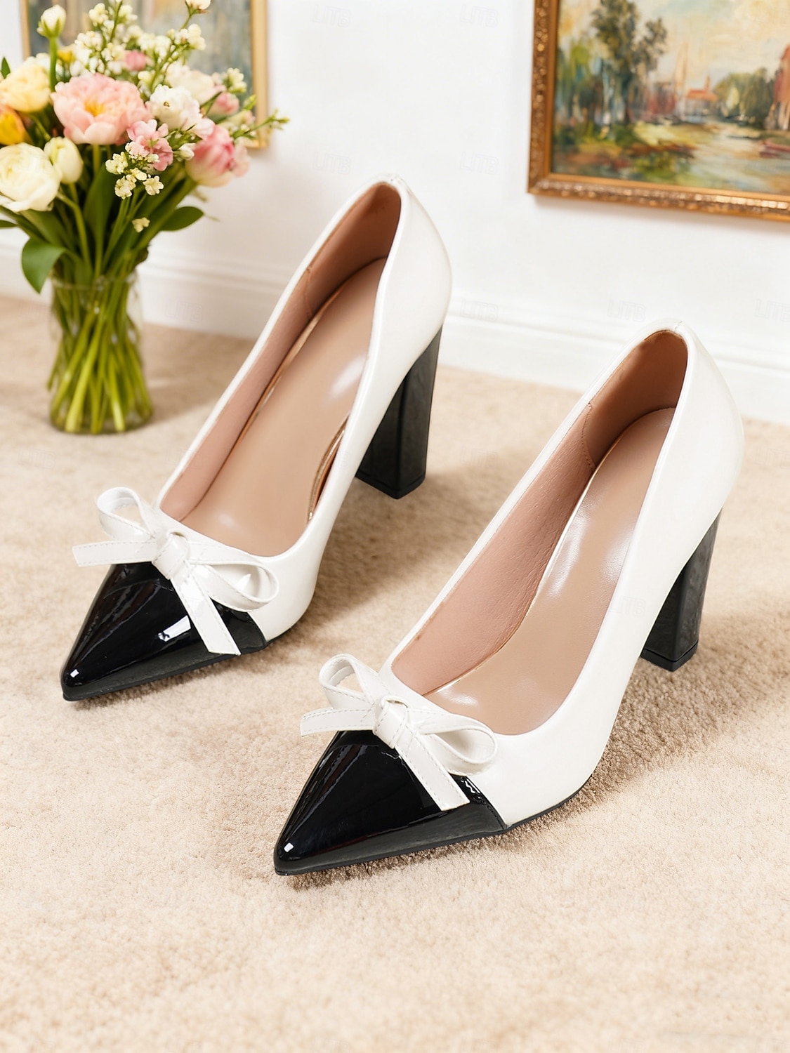 Dames tweekleurige groene en witte blokhak pumps - spitse neus met strikdetail, vintage chique stijl schoenen uit de jaren 50 voor werk, feestjes en dagelijkse outfits 2026 - $54.99 –P1