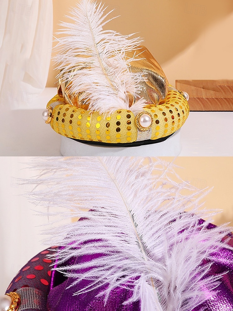 2026年 男性用カーニバルプリンススパンコールターバンキャップ | 多色、ポリエステル、羽根とパールアクセント付き | 仮装、ハロウィーン、祝祭のイベントに最適  コレクション – $11.99 –P6