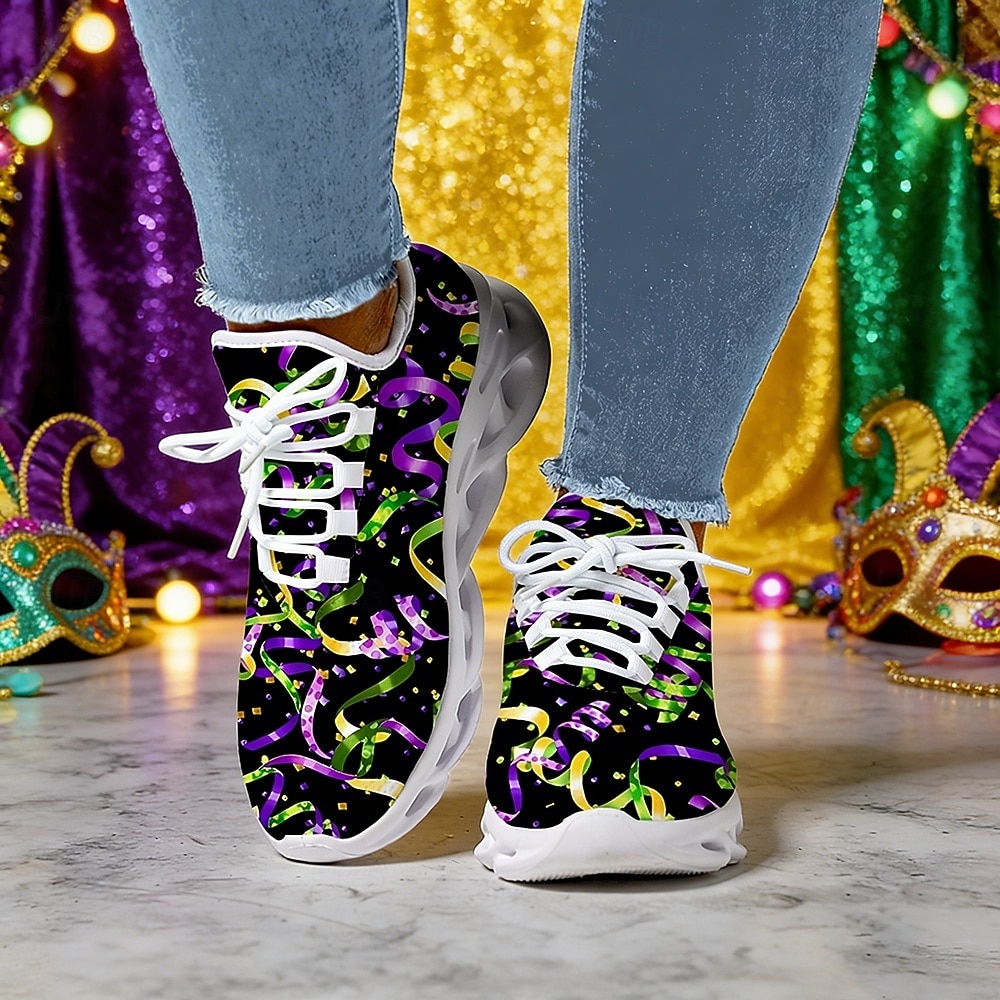 Women's Mardi Gras Confetti Print Lace-Up Athletic Sneakers - Cushioned Comfort Festive Shoes for Carnival Parades, Street Celebrations, Daily Errands & Summer Outdoor Activities 2026 - $42.99 –P3