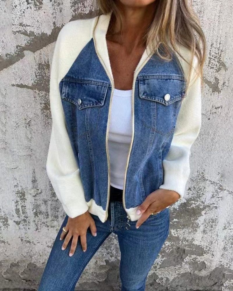 Women's Casual Jacket Denim Jacket Warm Comfortable Zipper Pocket Retro Casual Color Block Vacation Home Daily Wear Going out Regular Stand Collar Regular Fit Long Sleeve Outerwear Blue Black White 2026 - $37.99 –P2