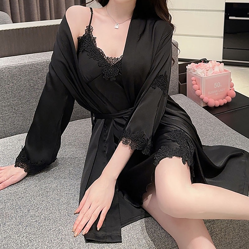 Damskie Odzież domowa Koszula nocna Moda Seksowny Codzienny Czyste kolory Niejednolita całość Sukienka Dom Urlop Długi rękaw W serek Czarny Rumiany róż Wino Złoty Ciemnoniebieski Lato Wiosna Jesień 2026 - $33.99 –P5