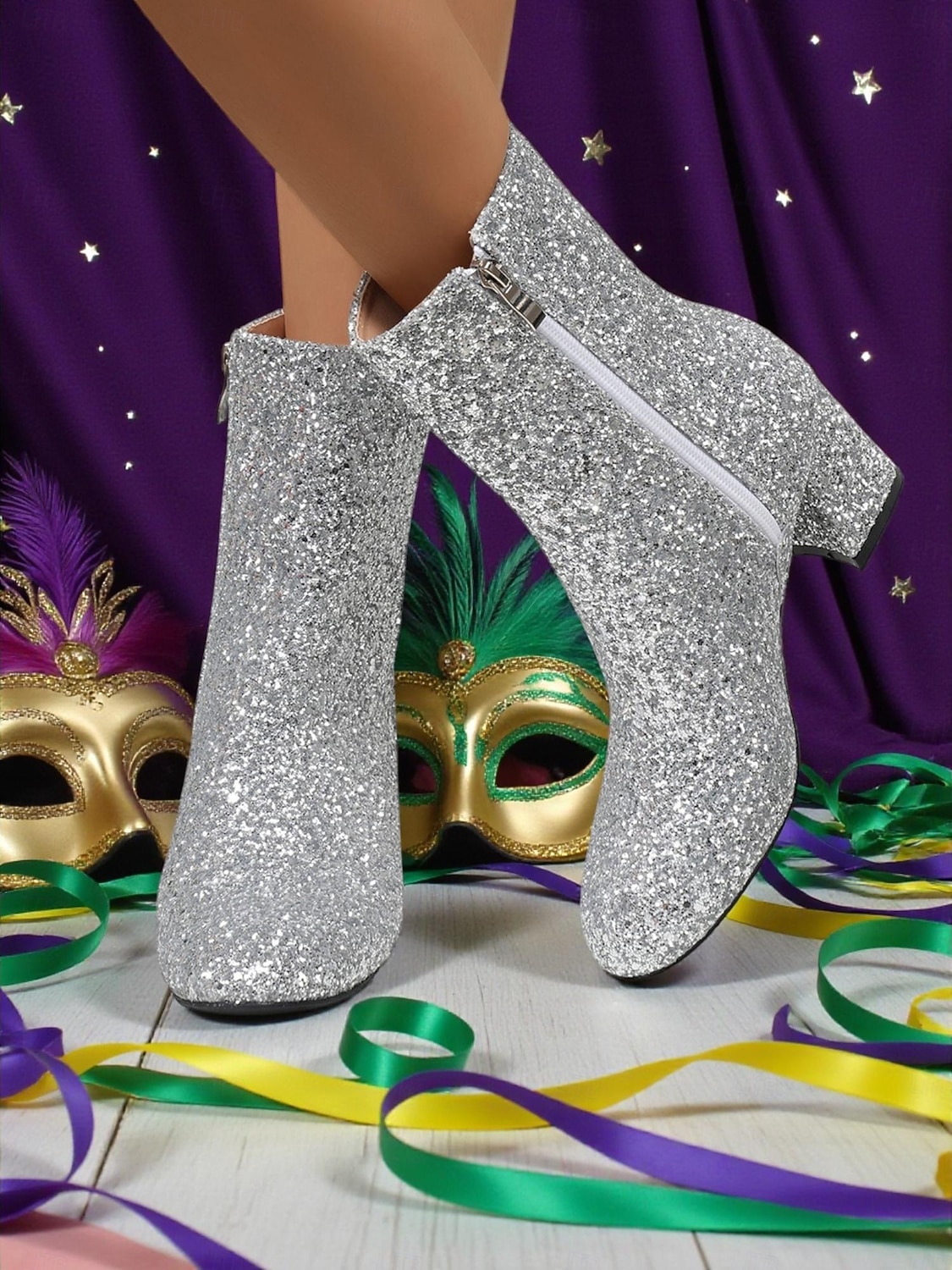 2026年 ウィメンズ マルディグラ ピンク グリッター 膝丈ブーツ ブロックヒール付き - きらめく、大胆なファッションステートメント、カーニバル、フェスティバル、コスチュームパーティーに最適  コレクション – $54.99 –P1