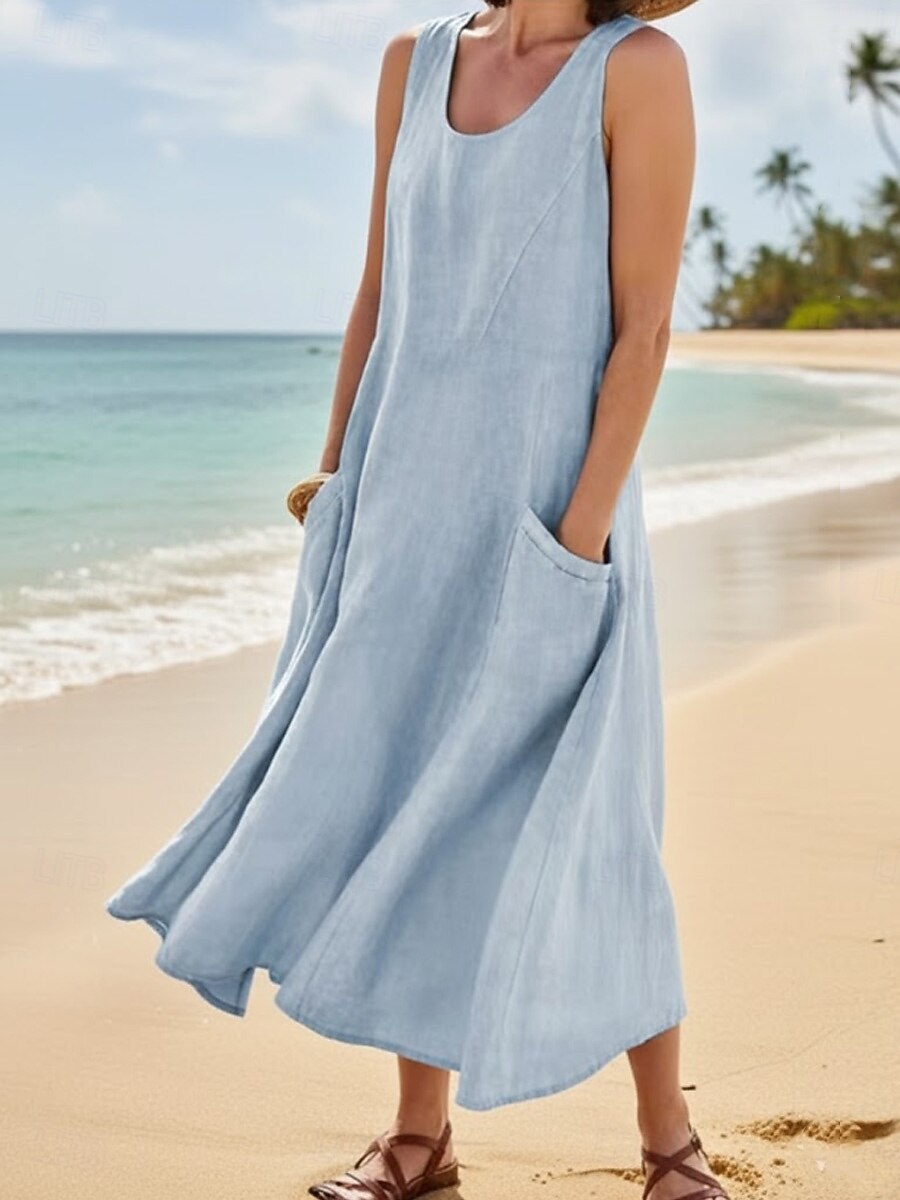 בגדי ריקוד נשים שמלת מקסי שמלת קיץ שמלה עם כיווץ במותן חופשה יום יומי חוף ליציאה מונח בצורה רפויה צבע אחיד גראפי ללא שרוולים צווארון צווארון כחול בהיר לבן סגול כתום קיץ אביב 2026 - $24.99 –P3