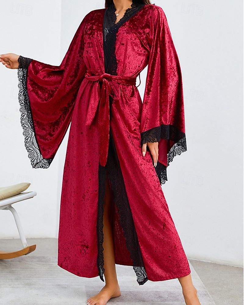 Women's Robe Casual Soft Satin Pure Color Lace Patchwork Daily Home Bed Long Sleeve V Neck Black White Wine Summer Spring Loose Fit 2026 - E£2245.39 –P2