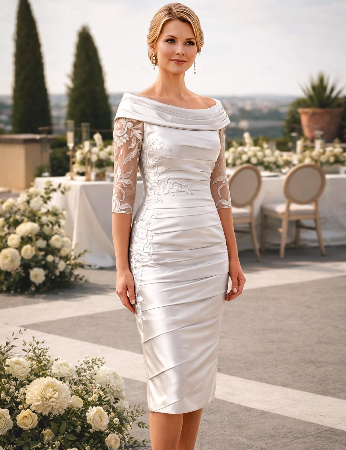 Funda Columna Hasta la Rodilla Vestido de Fiesta Vestido Cóctel Vestido Invitada Boda Vestido de Madrina Media Manga Hombros Caídos Elegante Invitado a la boda Fiesta de Boda Tafetán con Apliques 2026 - $183.99 –P3