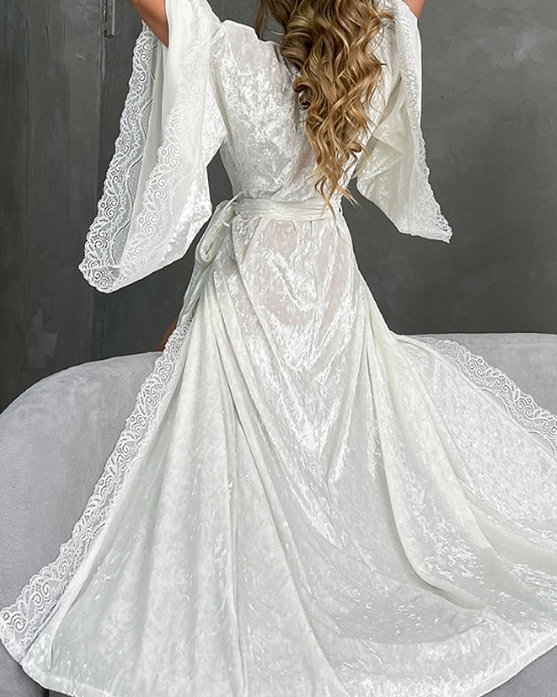 Women's Robe Casual Soft Satin Pure Color Lace Patchwork Daily Home Bed Long Sleeve V Neck Black White Wine Summer Spring Loose Fit 2026 - E£2245.39 –P17