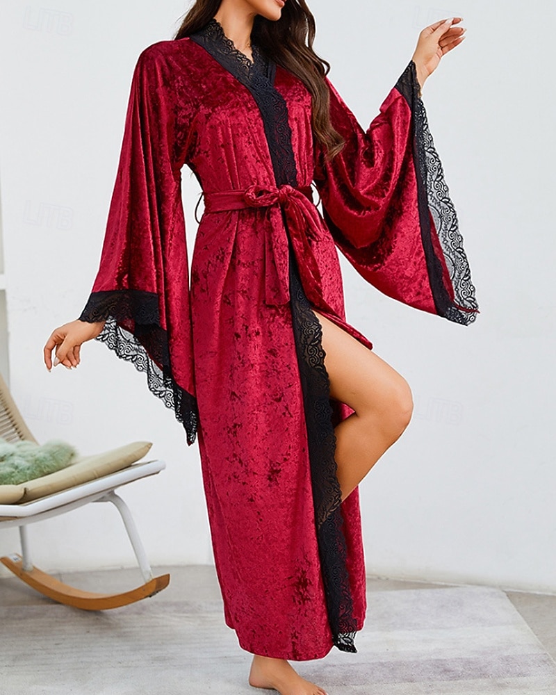 Women's Robe Casual Soft Satin Pure Color Lace Patchwork Daily Home Bed Long Sleeve V Neck Black White Wine Summer Spring Loose Fit 2026 - E£2245.39 –P4