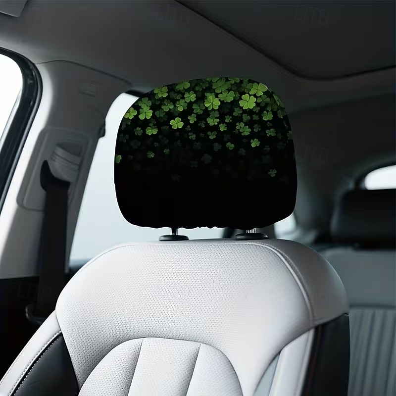 2 capas de encosto de cabeça para carro com trevo verde | compatíveis com todos os veículos, pretas &Adesivo para carro com estampa de trevo verde, design plano 2D, poliéster, fácil instalação - de 2026 por $7.99 –P17