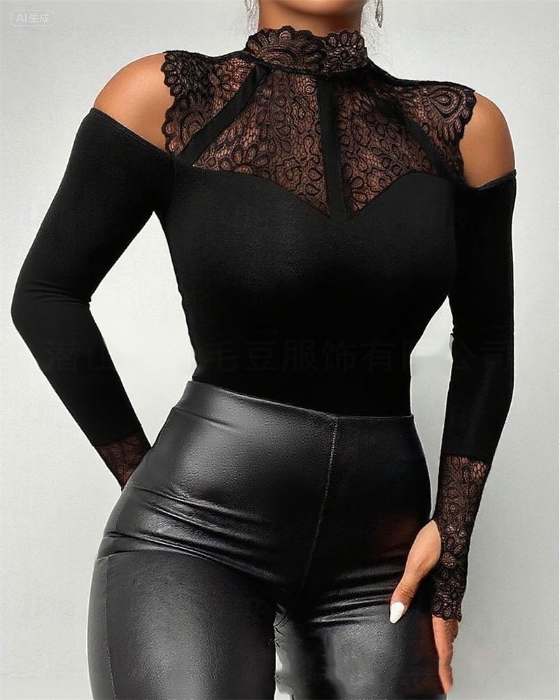 Damen Oberteil mit Spitzenspleiß Sommeroberteile Bluse Elegante Oberteile Gerafft Spitze Patchwork Einfach Elegant Vintage Damen Langarm Hoher Ausschnitt Normale Oberteile Täglich Arbeit Ferien 2026 - $31.99 –P3