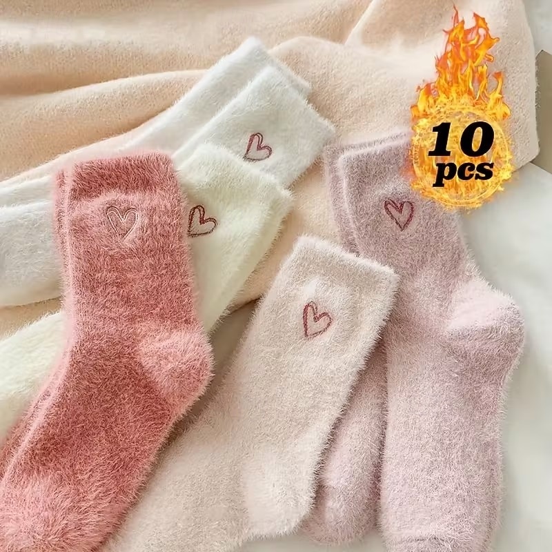 5 perechi de sosete din fleece coralin femei – sosete calde groase până la jumătatea gambei pentru iarnă cu broderie în formă de inimă sosete confortabile pentru acasă alegere de cadou pentru vreme 2026 - $13.99 –P1