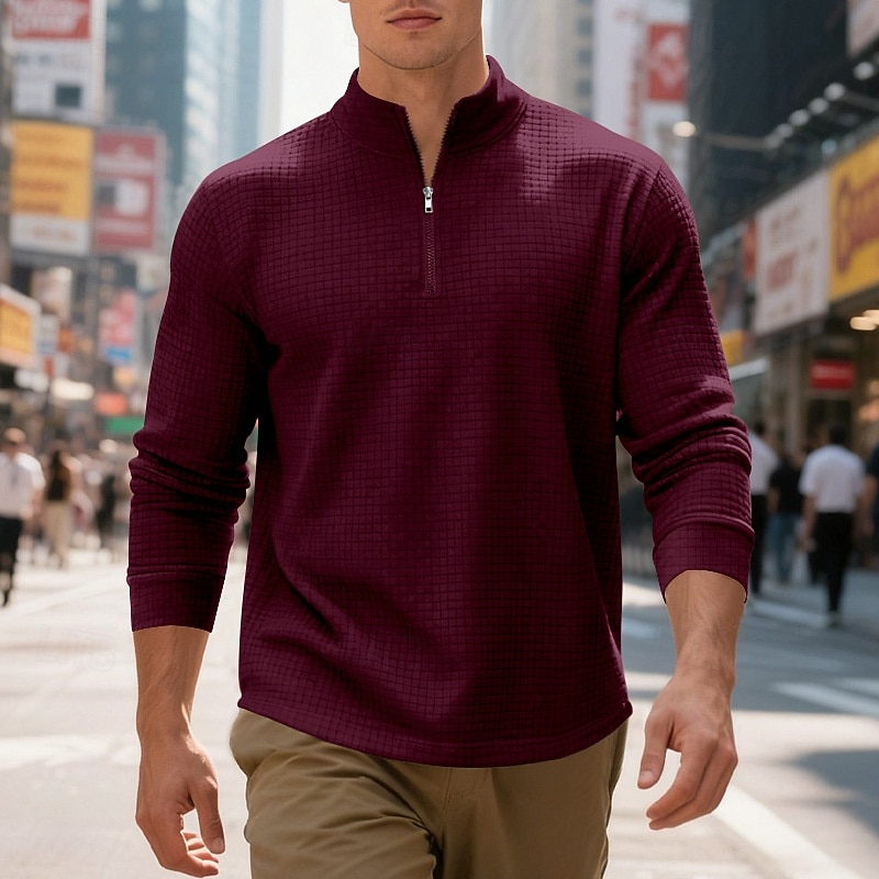 Per uomo Magliette Polo a Nido d'Ape Polo Vacanza Streetwear Zip a un quarto Manica Lunga Moda Essenziale Tinta unica Jacquard Primavera Autunno Vestibilità regolare Nero Bianco Vino Verde militare del 2026 a $22.99 –P14