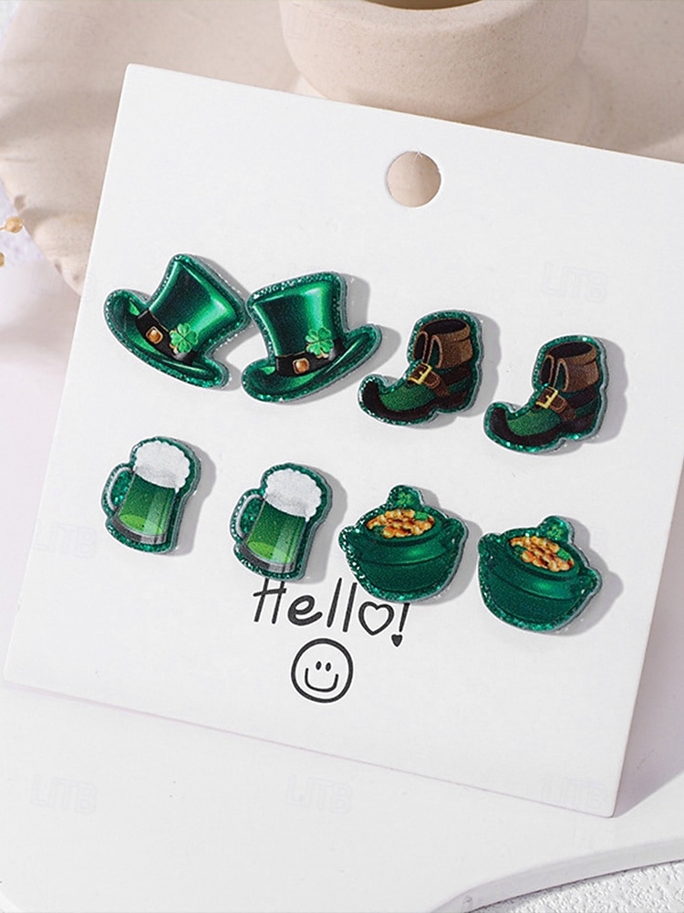 Sada dámských akrylových náušnic ke Dni svatého Patrika, zábavný design skřítka, půllitru na pivo a jetele, ideální na Den svatého Patrika, karneval i každodenní nošení. 2026 - $7.99 –P7