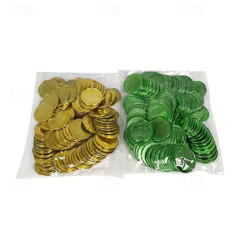 Złote monety na dzień św. Patryka - 100/200 sztuk złotych zielonych monet na szczęście, plastikowe monety koniczyna skrzat, moneta z 3-listną koniczyną do dekoracji i upominków na imprezę 2026 - $26.79 –P4