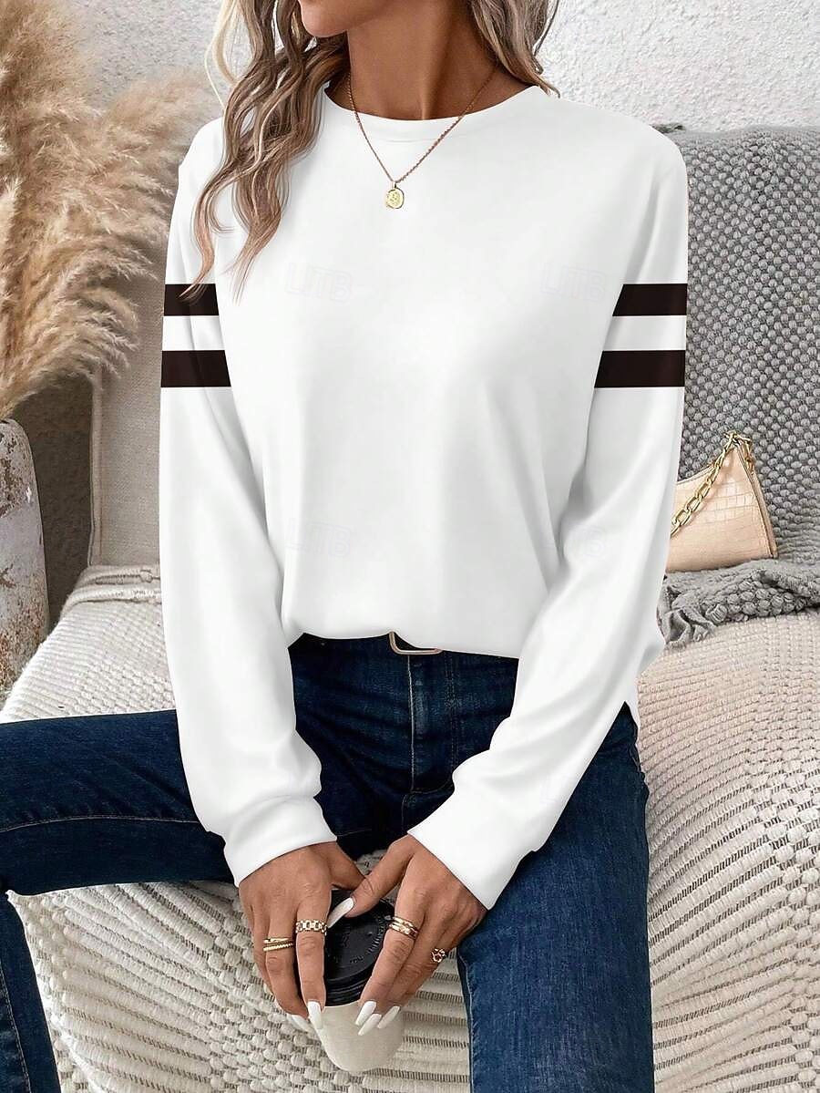 Per donna Maglietta Stampato Grafico A righe Moda Casual Manica Lunga Girocollo Top Regolari Quotidiano Weekend Nero Bianco Estate Primavera Autunno del 2026 a $24.99 –P2