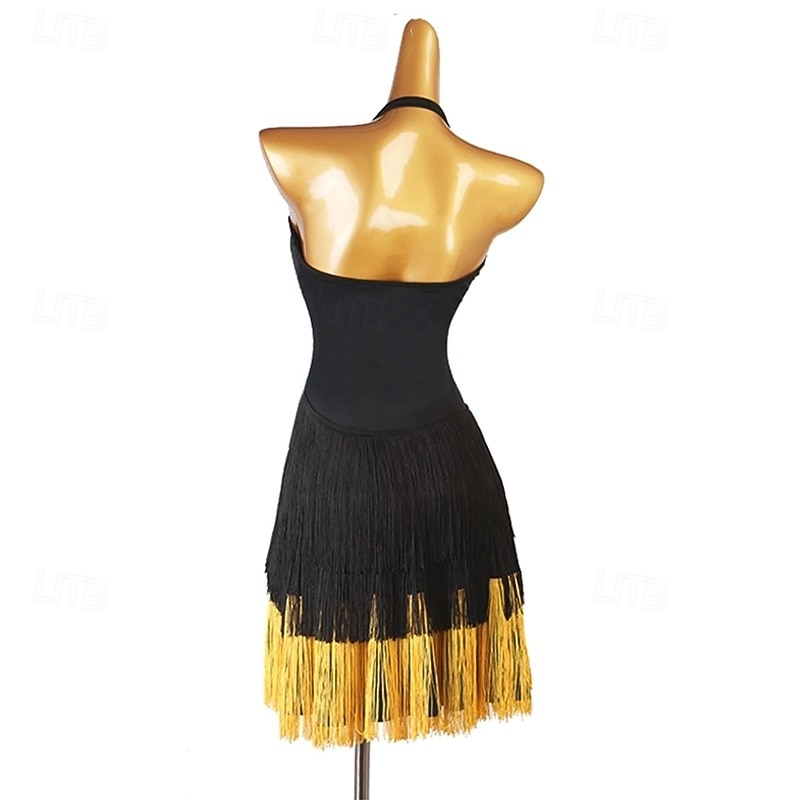 preto feminino &Vestido de dança latina com franjas douradas - decote halter bicolor para rumba, salsa, cha-cha e dança de salão. de 2026 por $139.99 –P2