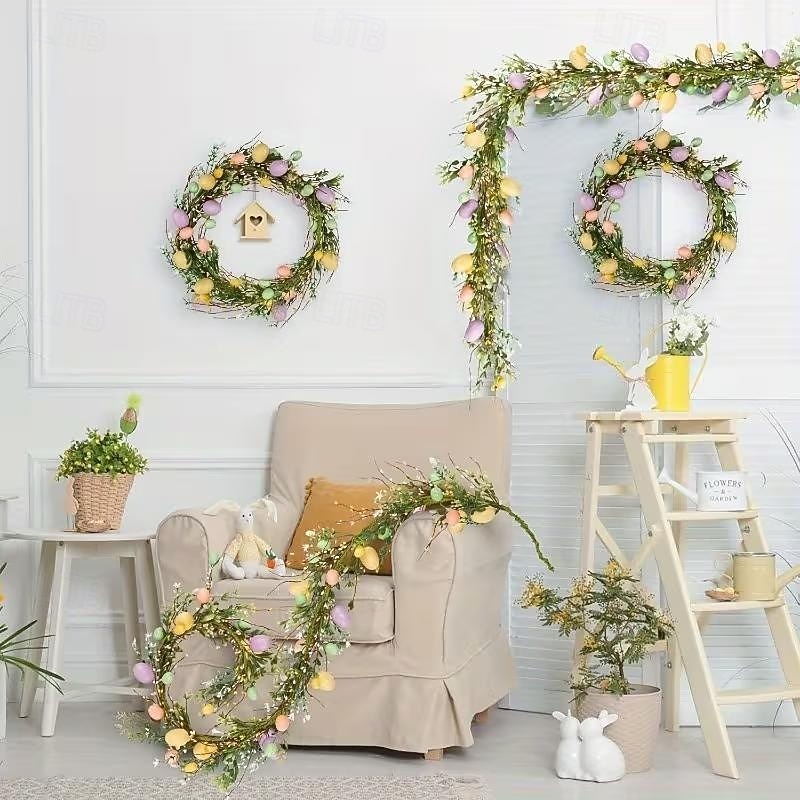 Guirlande de 1,80 m d'œufs de Pâques artificiels colorés, guirlande rustique printanière avec œufs pastel &Des accents floraux parfaits pour les fêtes &centre de table, décoration de table, couronne de 2026 ? $33.99 –P2