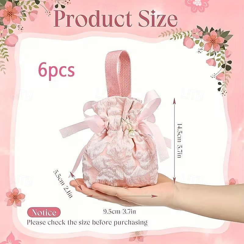 Lot de 6 élégants sacs cadeaux à cordon coulissant, à motif floral et poignées - rose pâle - parfaits pour les mariages, anniversaires, fêtes prénatales - fermeture sécurisée - idéaux pour les cadeaux de 2026 ? $16.99 –P2