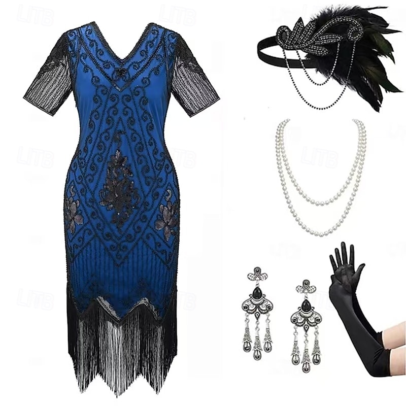 Set Anni Ruggenti Anni 1920 Lunghezza al ginocchio Abito Flapper Abito da cocktail Costume di fantasia con accessori Maniche corte Il grande Gatsby Ragazza Flapper Paillettes Frangia con nappe Scollo del 2026 a $57.99 –P1