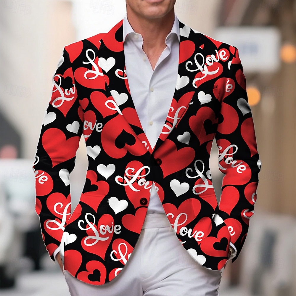 Dia dos Namorados Homens Coração Jaqueta Blazer Casaco Da Moda Confortável Respirável Artistíco Casual Traje de festa para noite Festival Bolsos Impressão 3D Botões Todas as Estações Entalhe Manga de 2026 por $85.99 –P1