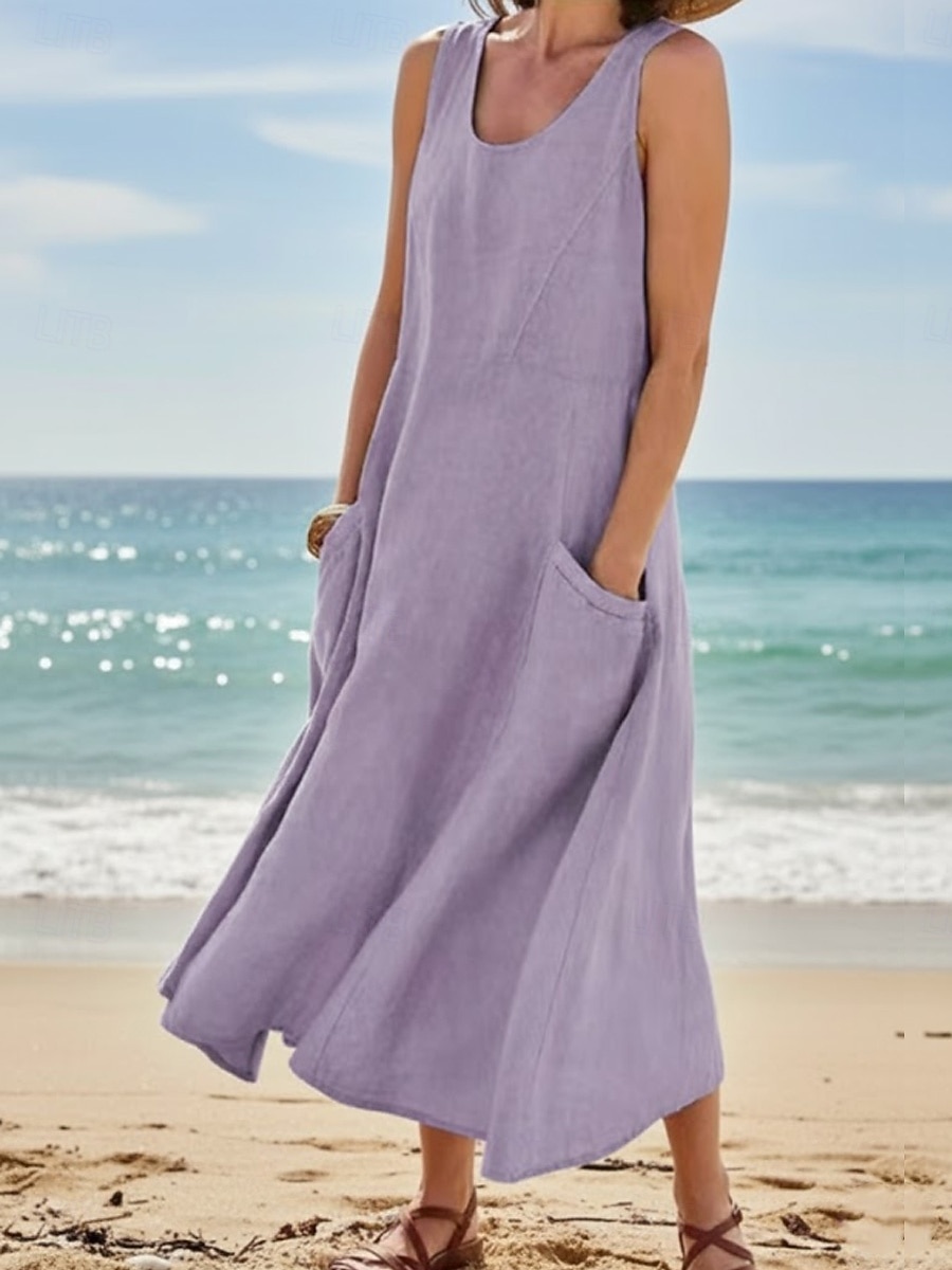 בגדי ריקוד נשים שמלת מקסי שמלת קיץ שמלה עם כיווץ במותן חופשה יום יומי חוף ליציאה מונח בצורה רפויה צבע אחיד גראפי ללא שרוולים צווארון צווארון כחול בהיר לבן סגול כתום קיץ אביב 2026 - $24.99 –P4