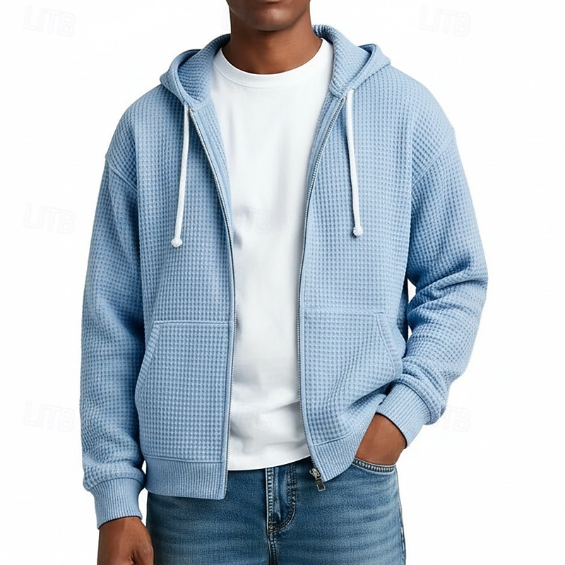 Herr Huvtröja Huvtröja med dragkedja Våffla hoodies Ljusgrå Huva Slät Dragkedja Strukturerad Ledigt Dagligen Sport & Utomhus Streetwear Häftig Sportkläder Vår & Höst Kläder Pull Tröjor Långärmad Lös 2026 - $28.99 –P7
