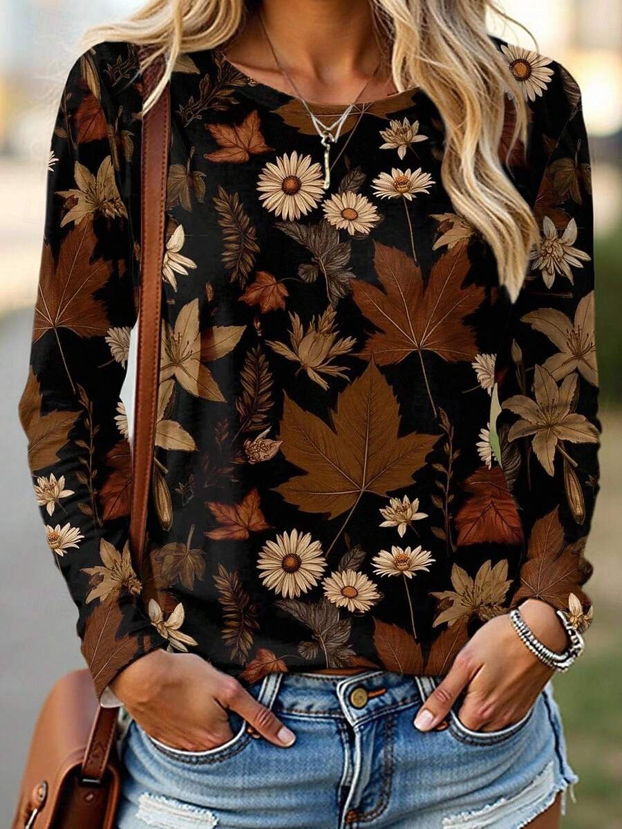 Per donna Maglietta Stampato Floreale Grafico Piante Moda Elegante Classico Manica Lunga Girocollo Top Regolari Quotidiano Weekend Marrone Estate Primavera Autunno del 2026 a $24.99 –P1