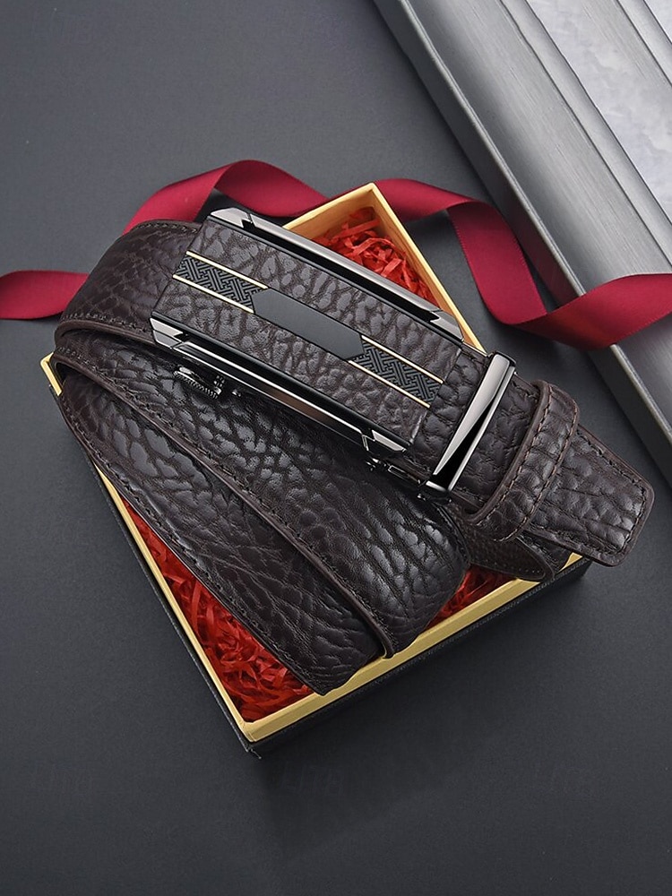 cintura da uomo in similpelle, fibbia automatica con finitura testurizzata, stile classico formale, colori nero e caffè, per matrimoni, abbigliamento da lavoro e abiti casual eleganti del 2026 a $11.99 –P4