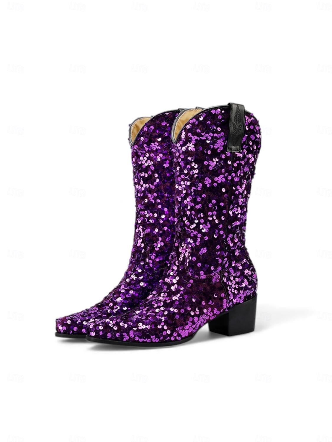 Stivali western in paillettes viola da donna per il Mardi Gras con tacco a blocco design luccicante perfetti per Carnevale feste e abbigliamento da festival del 2026 a $79.99 –P3