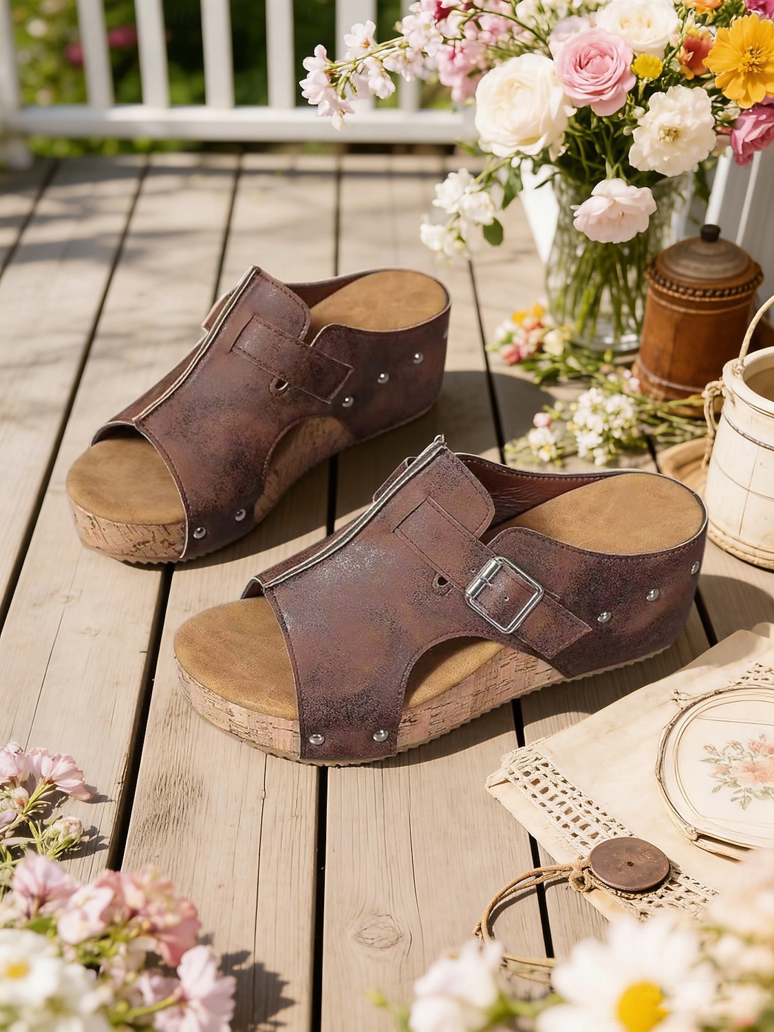 Sandálias femininas pretas de plataforma com tachas - modelo casual com fivela e sola de cortiça, ideais para passeios no parque, brunch, compras e encontros em terraços. de 2026 por $32.99 –P1