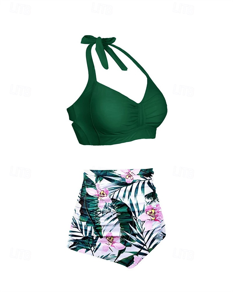 Per donna Costume da bagno Bikini a vita alta con volant 2 pezzi Tropicale Senza schiena Protezione UV Alta elasticità Senza Maniche Costume da Bagno Surf Immersione Snorkeling Estate del 2026 a $15.49 –P15