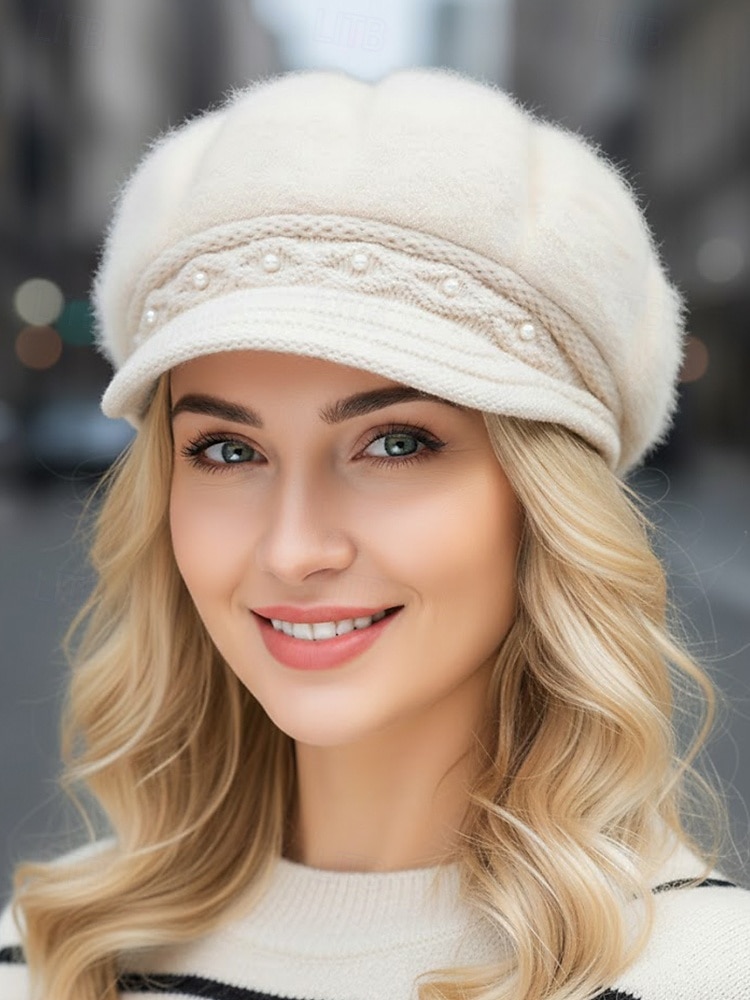 Dámská polyesterová čepice z umělé kožešiny, zdobená perlami, dostupná v několika barvách, ideální pro zimní outfity 2026 - $11.99 –P2