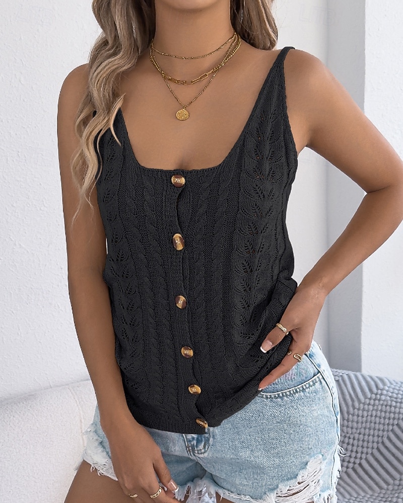 Pentru femei Pulover Vestă pulover Șic Stradă Casual Culoare solidă Cablu În U Decupată Nasturi Tricotat Fără manșon Topuri obișnuite Tricotat Concediu Ieșire Sfârșit de săptămână Negru Alb Var 2026 - $25.99 –P10