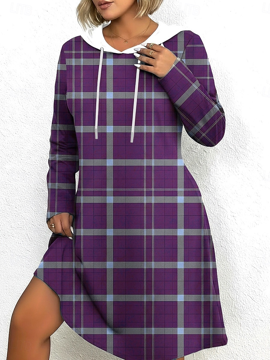 Damen Minikleid Kapuzenkleid Freizeitkleid Elegant Mode Modern Täglich Outdoor Wochenende Normale Passform Karomuster Langarm Mit Kapuze Blau Purpur Grün Frühling Herbst 2026 - $29.99 –P4