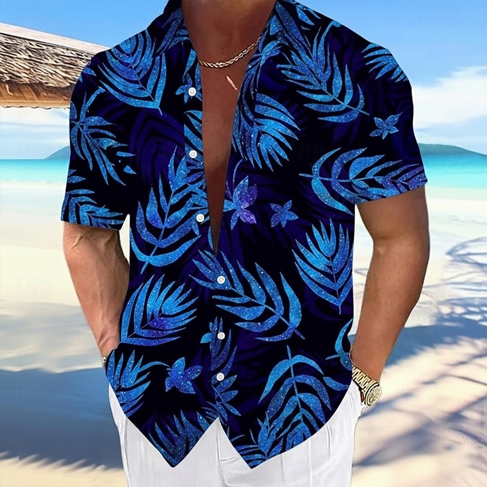 Homme Feuille Plantes Tropicales Lueur néon Chemise hawaïenne Chemise Boutonnée Chemise Aloha Manche Courte Hawaïen Vacances Tenue de plage Été Printemps Col Rabattu Impression 3D chemises à col Bleu de 2026 ? $25.99 –P3