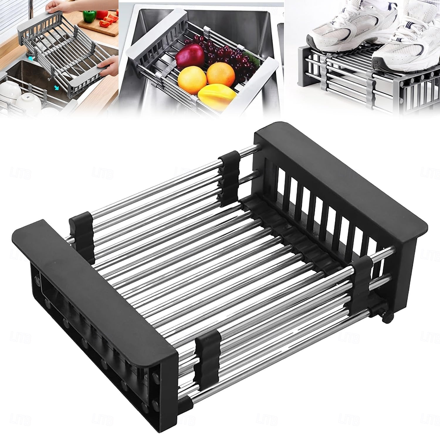 bővíthető rozsdamentes acél mosogató fölé helyezhető edénytartó &Összecsukható csepegtetőkosár konyhai szervező edényekhez, poharakhoz és zöldségekhez, többszintes kialakítás a hatékony mosáshoz és 2026 - $21.99 –P2