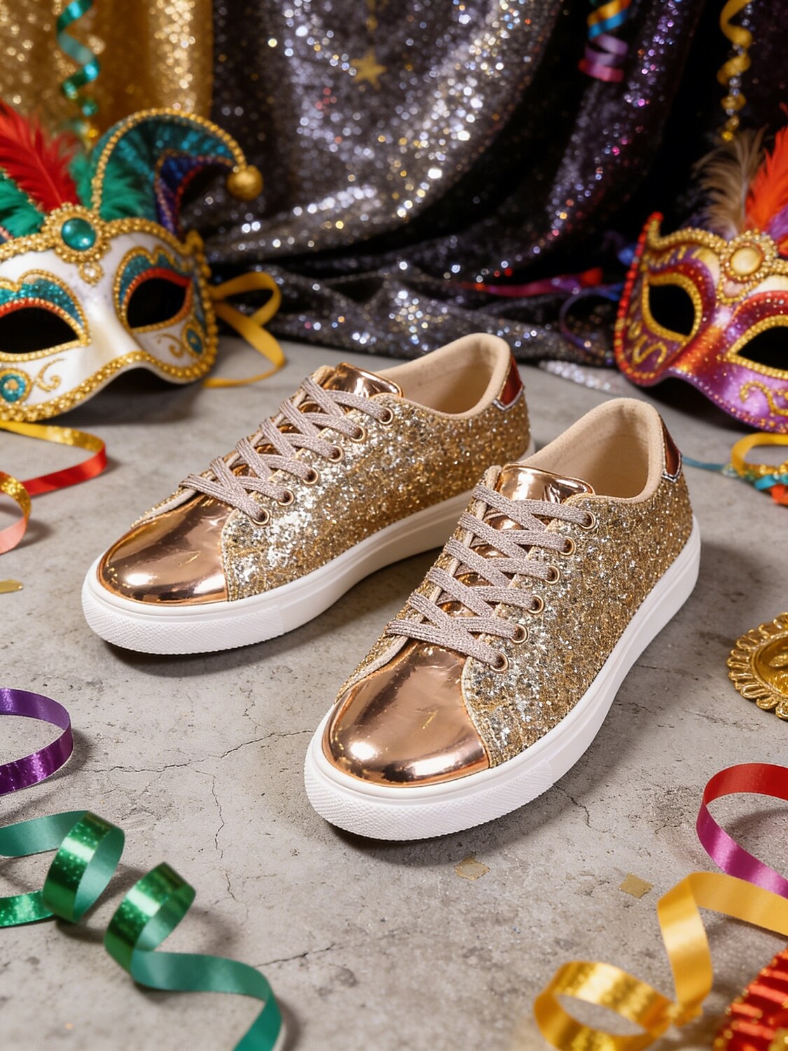 2026年 ウィメンズ・マルディグラ・ゴールドグリッターのスパークリースニーカー、メタリックトーキャップ付き – カーニバル、ニューイヤーズイブ  カジュアルグラム用のブリングレースアップフラットシューズ  コレクション – $34.99 –P2