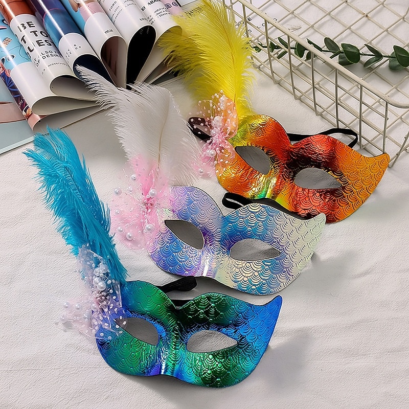 Női kék-zöld fényes tollas álarc a Mardi Gras-ra – Elegáns velencei karneváli jelmez kiegészítő textúrált mintával bulikhoz és bálokhoz 2026 - $11.99 –P1