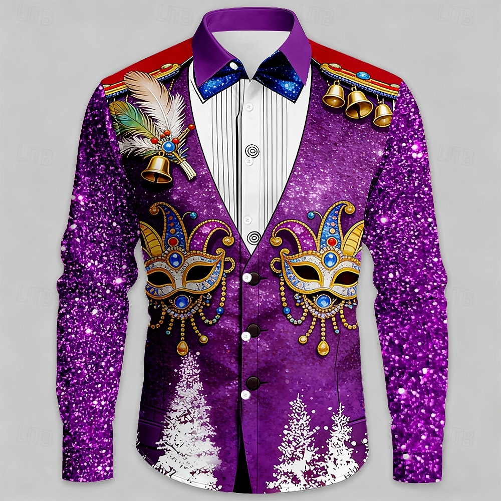 Martedì grasso Per uomo Carnevale Colletto finto e design del vestito Maschera con piume Camicia Camicia con Bottoni Manica Lunga Moda Casual Feste Ferie Primavera Autunno Collo ripiegato Stampa 3D del 2026 a $27.99 –P1