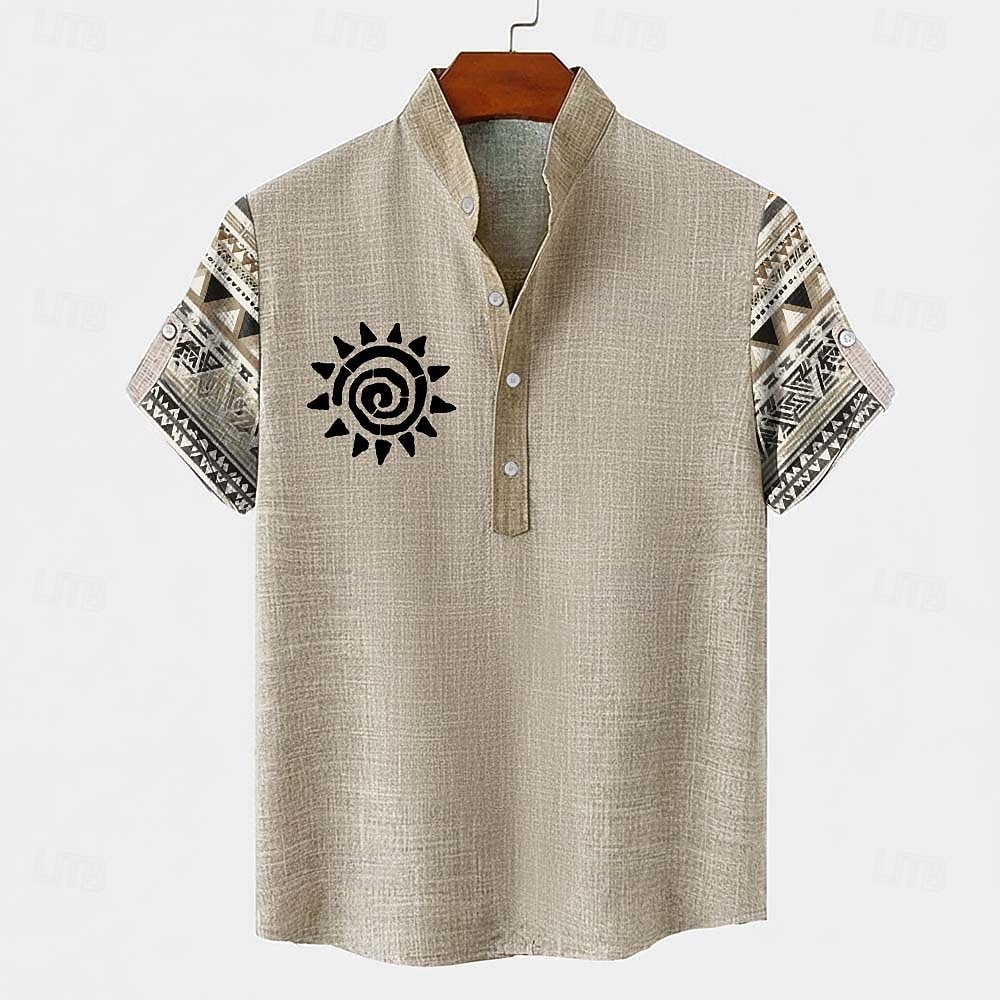 Per uomo Tribale Etnico Totem del sole Camicia Camicia button-down Manica Corta Vintage Retrò Ferie Casual Quotidiano Estate Primavera Colletto Mao Colletto Henley Stampa 3D Camicia tipo lino Cáqui del 2026 a $25.99 –P1