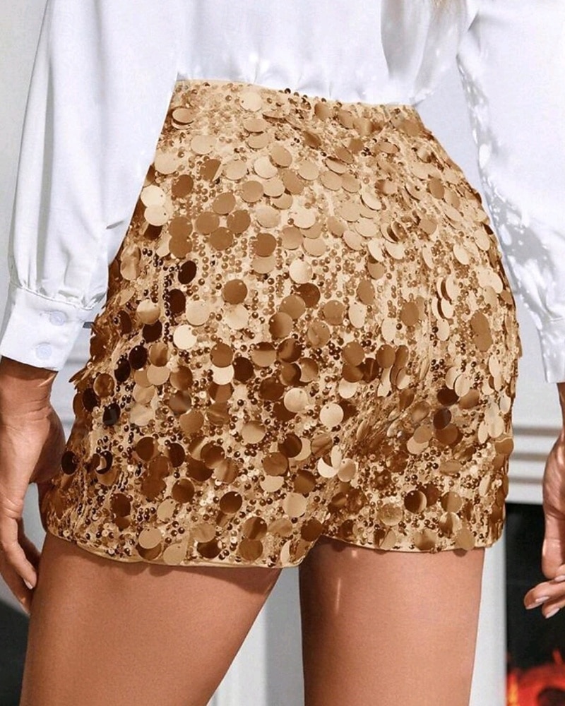 Women's Chinos Shorts Elegant Fashion Short Medium Waist Plain Sequins Comfortable Inelastic Party Golden Black Silvery Summer Spring Regular Fit 2026 - $28.99 –P2