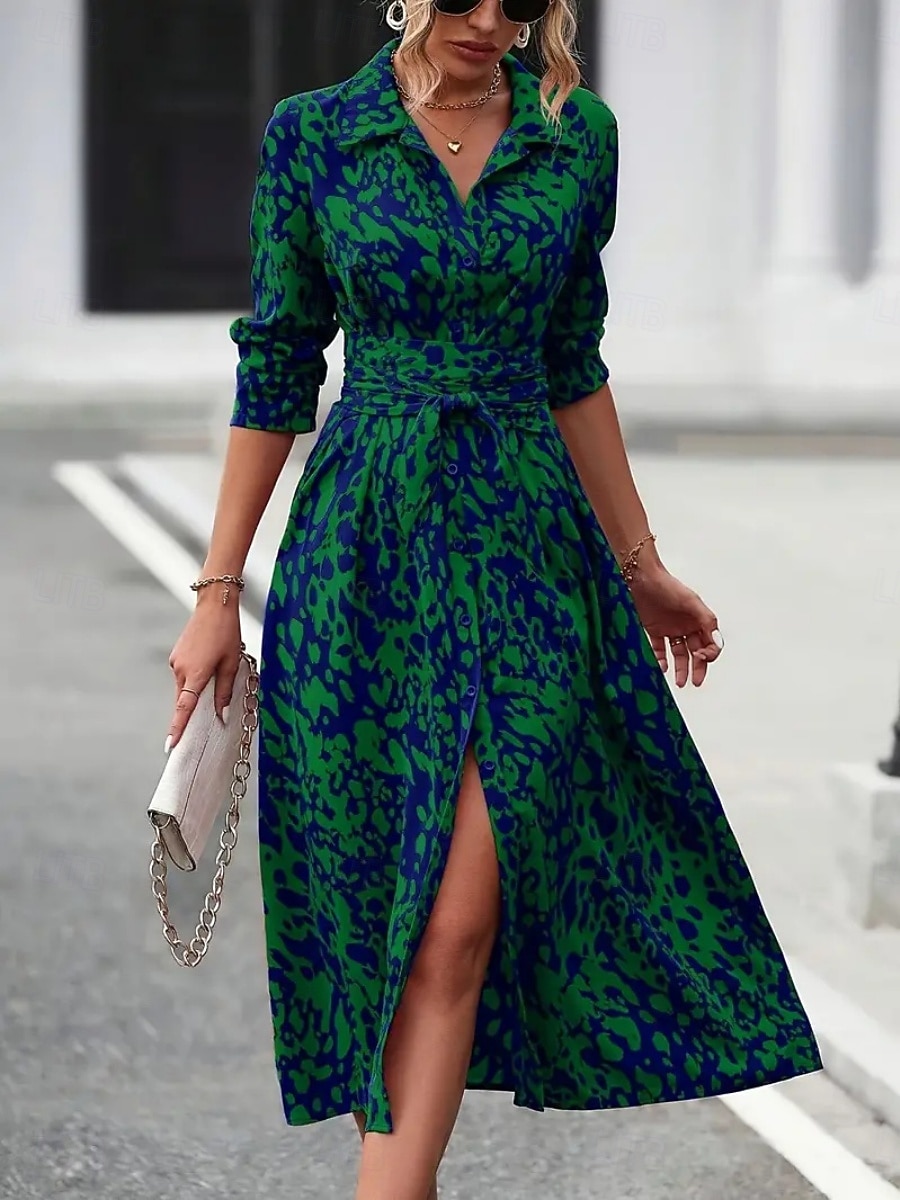 Women's Midi Dress A Line Dress Summer Dress Casual Daily Regular Fit Graphic Leopard Long Sleeve Lapel Navy Fuchsia Green Spring 2026 - $34.99 –P4