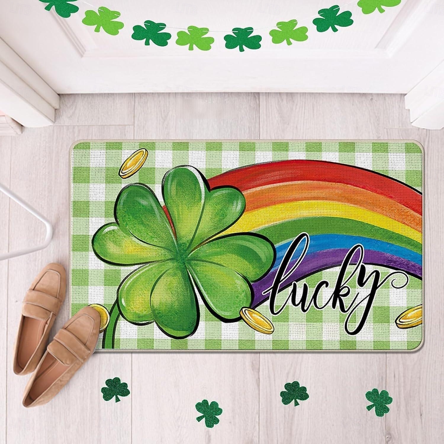Dørmatte til St. Patricks dag, irsk firkløverdesign, gulvmatte til inngangsparti, festlig grønt kløverdørteppe til St. Patricks dag-feiring. 2026 - $5.99 –P12