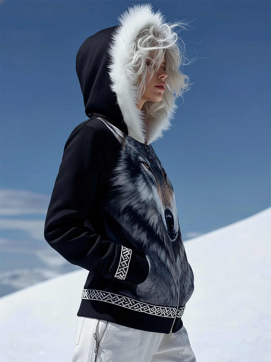 Γυναικεία Φούτερ με φερμουάρ Pullover Τσέπη Στάμπα Γραφική Ζώο Βίντατζ Καθημερινό Μακρυμάνικο Με Κουκούλα γούνινος γιακάς Κανονικά μπλουζάκια Causal Καθημερινή Ένδυση Μαύρο Άνοιξη Φθινόπωρο Χειμώνας 2026 - $45.99 –P2