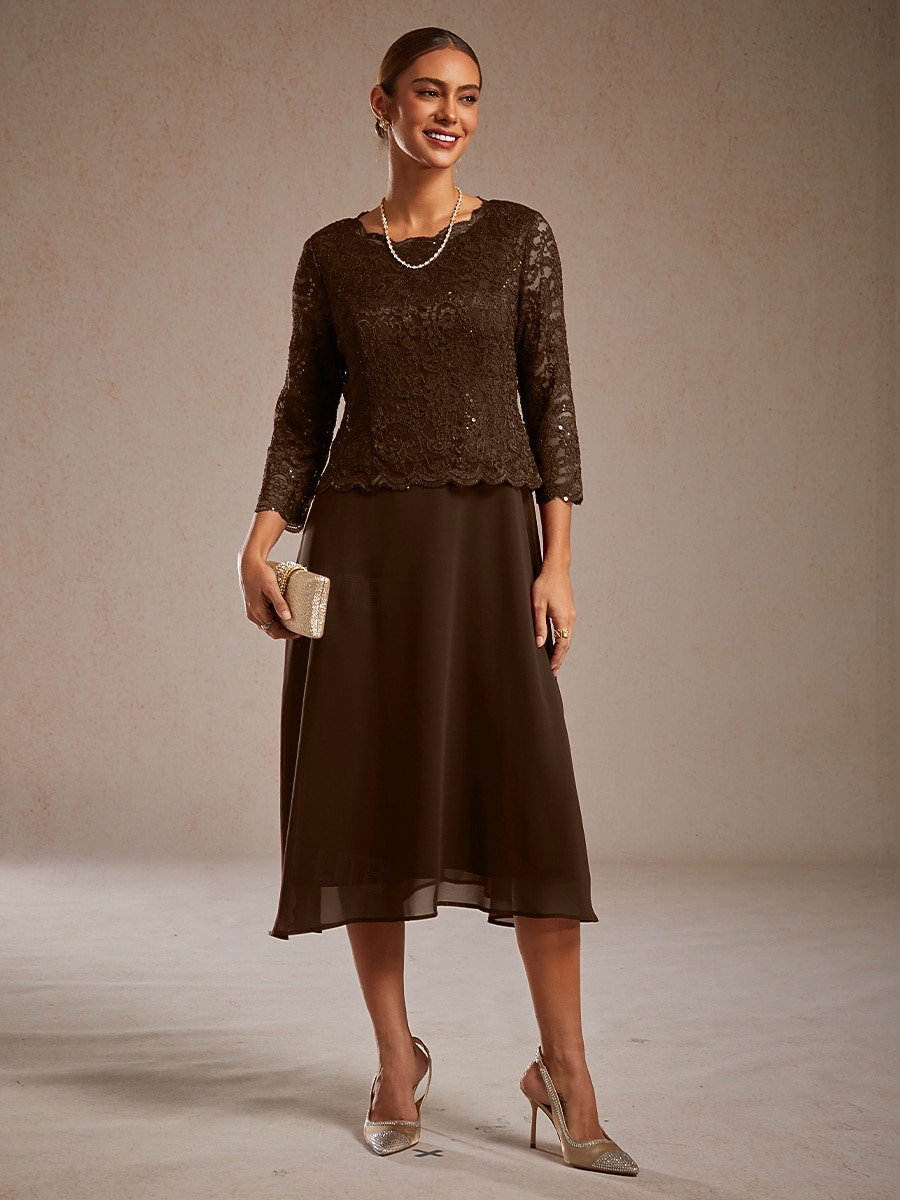 Per donna Abito Midi Vestito in Chiffon Abito a trapezio Elegante Ospite di nozze Cocktail party Allacciato Paillettes Vestibilità regolare Tinta unica Manica 3/4 Girocollo Caffè del 2026 a $103.99 –P4