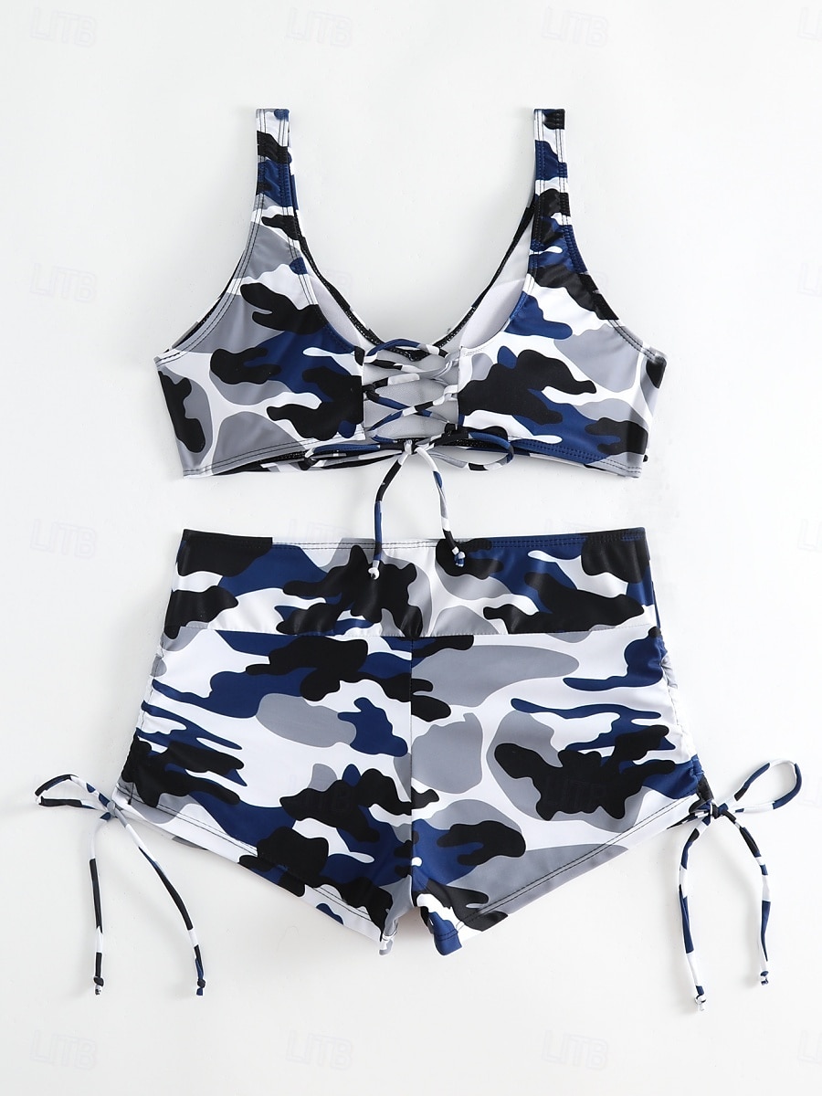 2026年 ウィメンズビキニ 2ピース水着 レオパード ショーツ スリム バックレス バケーション ビーチウェア カモ Vネック ノースリーブ 水着  コレクション – $19.99 –P6