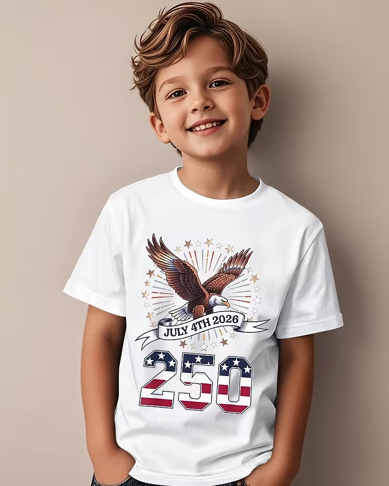 100% Bumbac Copii Băieți Negru Alb Vultur Drapel USA A 250-a aniversare Tricou Bluză Stil Nautic Manșon scurt În aer liber Zilnice Modă Șic Stradă Designer Imprimare Vară 2026 - $17.99 –P1