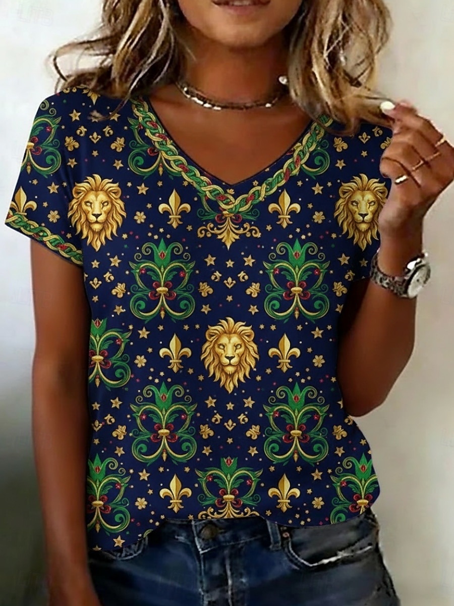 Απόκριες Γυναικεία Μπλουζάκι Στάμπα Γραφική Βίντατζ Καθημερινό Κοντομάνικο Λαιμόκοψη V Κανονικά μπλουζάκια Καθημερινά Σαββατοκύριακο Ρούχα διακοπών Βαθυγάλαζο Καλοκαίρι Άνοιξη 2026 - $19.49 –P1