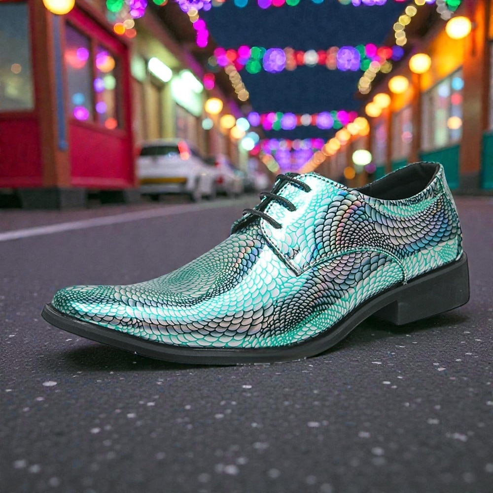 Männer Mardi Gras farbenfrohe schillernde Schlangenprint Anzugschuhe metallic grün und lila Schnürdesign stylisch und mutig ideal für Karneval und festliche Feiern 2026 - $59.99 –P2