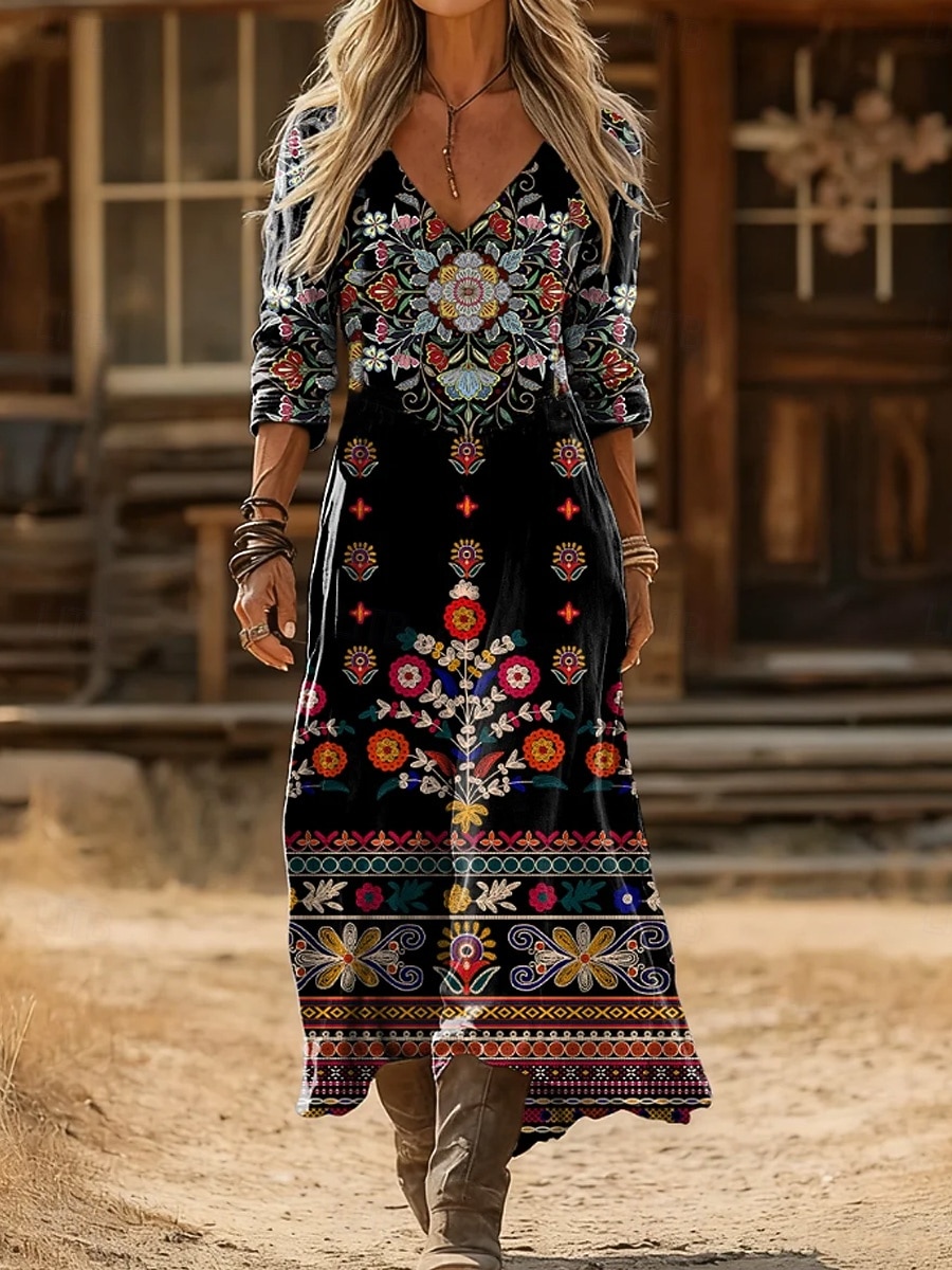Женское макси-платье Boho Платье-обтягиватель Вечеринка Повседневное Ежедневная Встреча На выход Обычная посадка Графический Геометрический Пейсли Длинный рукав V-образный вырез Синий Черный 2026 - $37.99 –P4